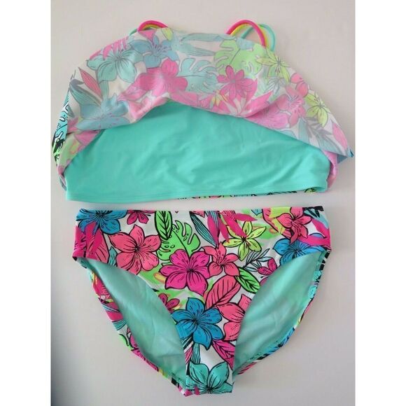 Kian D. Los Angeles Women's Sz 18 Teal/Multicolor Floral Ruffle Top 2-Pc Bikini - Picture 2 of 6